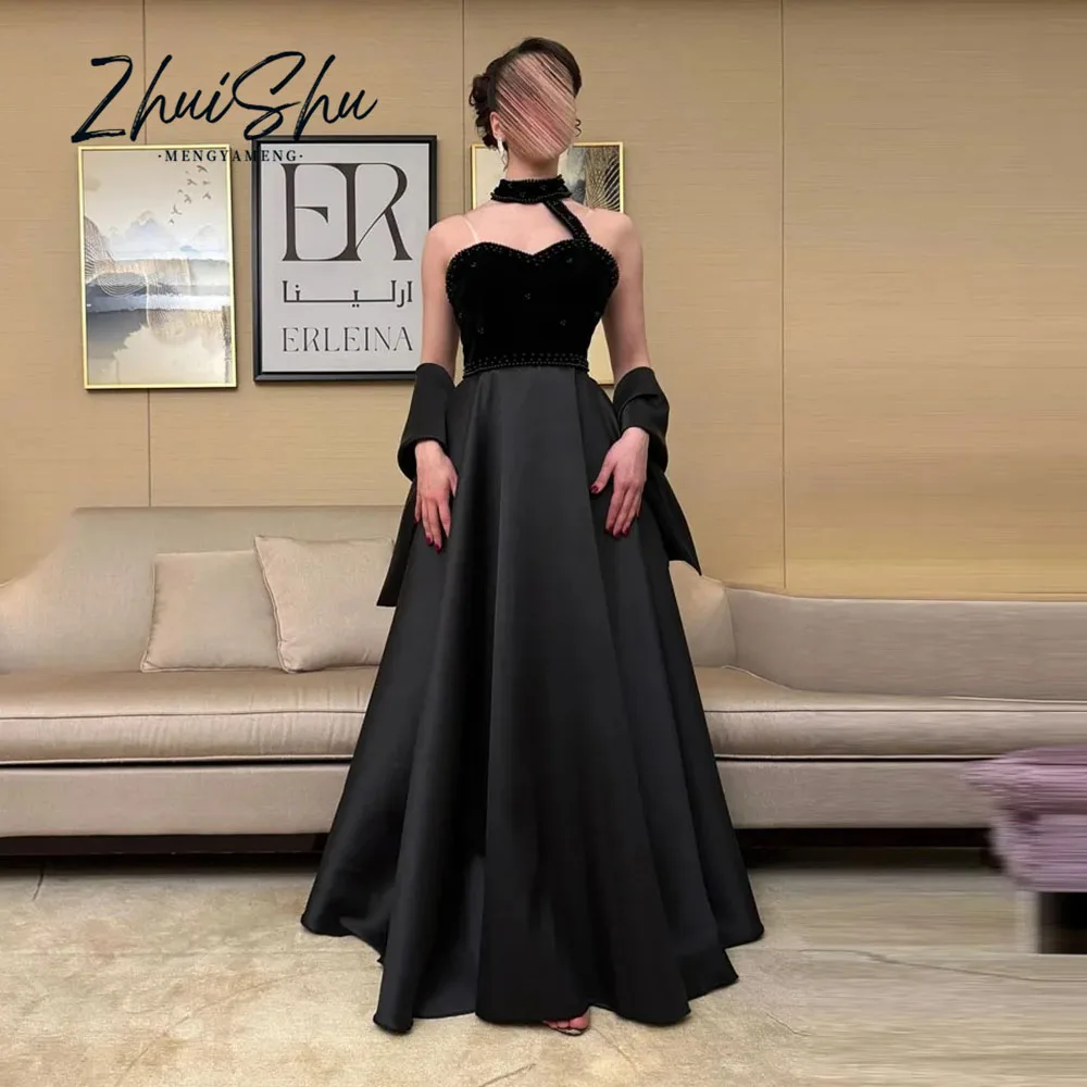 Black Sweetheart Arabia Evening Dress With Shawl A-Line Silk Satin Long Elegant Prom Gowns Customized فساتين زفاف