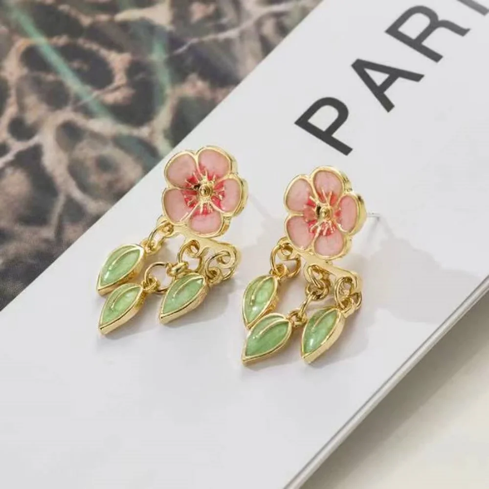 1 pair of fashionable and exquisite enamel colorful flowers leaf front and back earrings niche design flower Earring Jacket wome