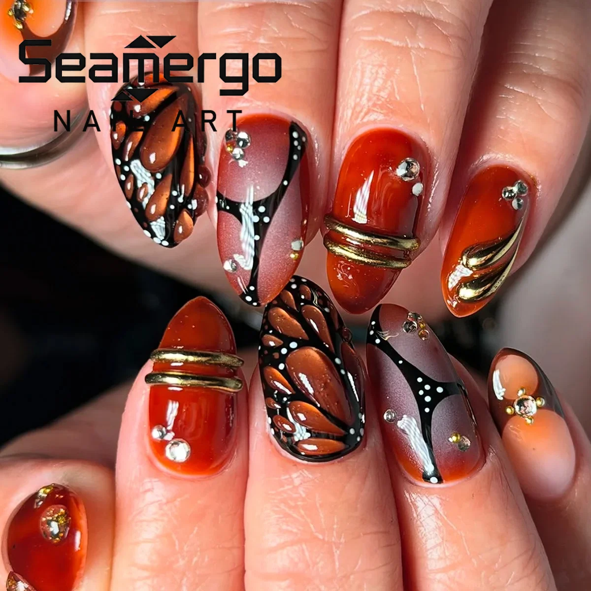 

24PCS 3D Rhinestone Gold Line False Nails Butterfly Marble Details Burgundy Terracotta Almond Shape Luxe Autumn Press on Nails