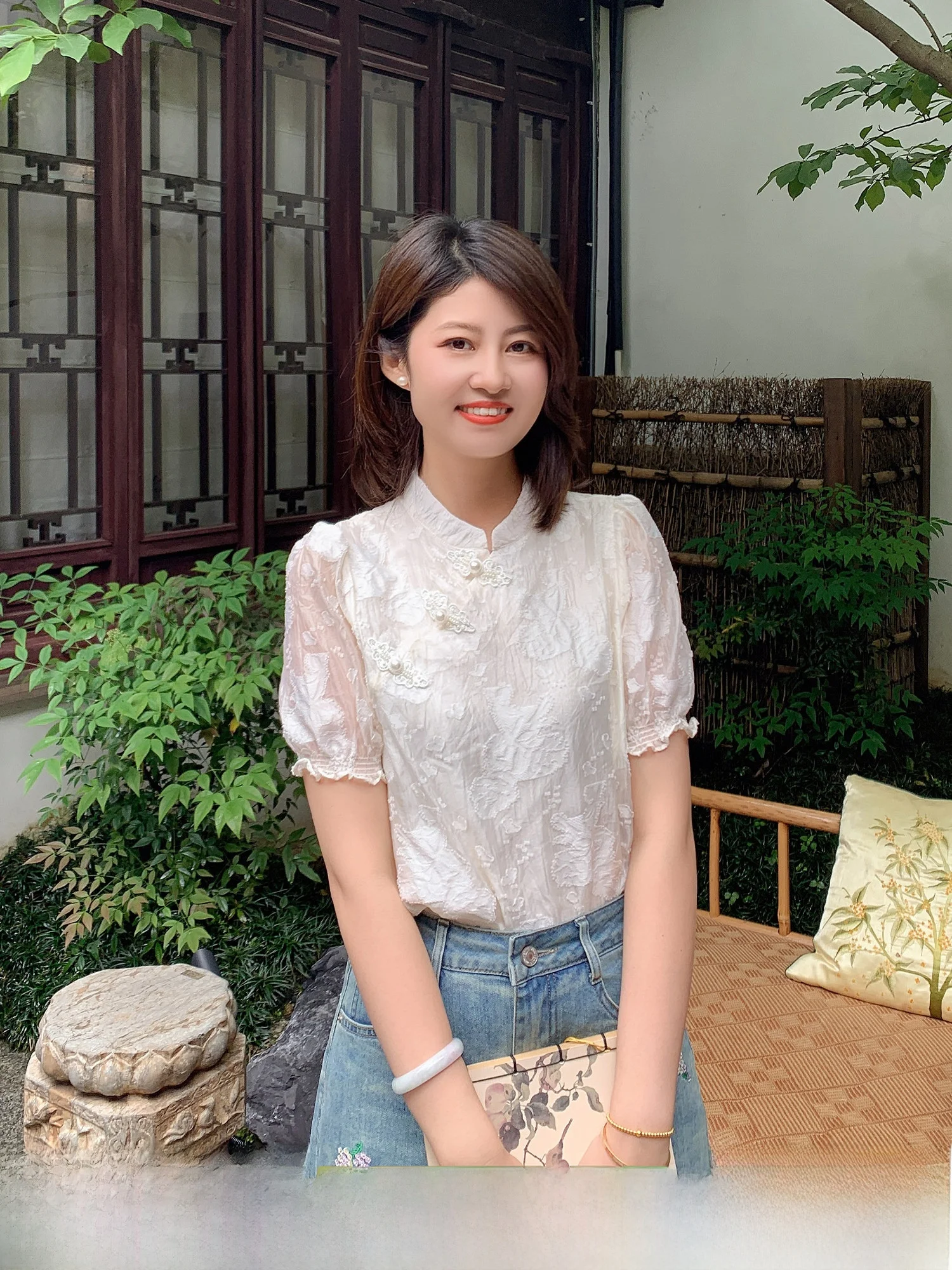 

Zillal Chinese Sle ort Sve Embroidered Pearl Button irt Women Summer Loose Fit Bubble Sve Top French Sle Pure C...