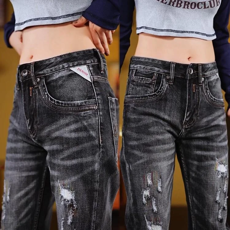 

High Quality Elastic Straight Leg Vintage Jeans with Mustache Patch Men's Casual Wear Resistant Cotton Polyester Blend