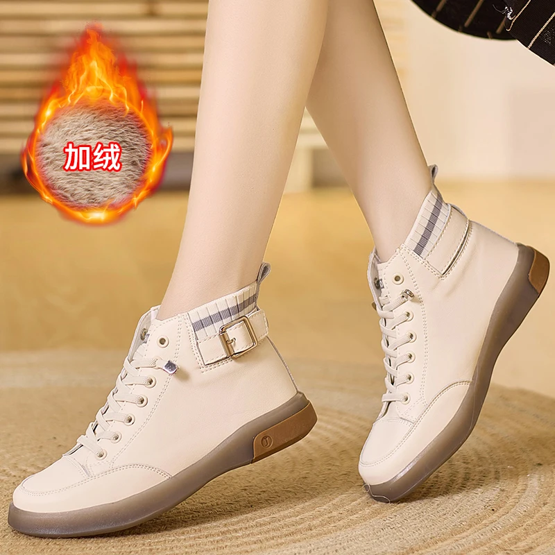 

Женские высокие ботинки на флисовой подкладке с пряжкой и ремешком, зимние теплые повседневные ботинки на шнуровке