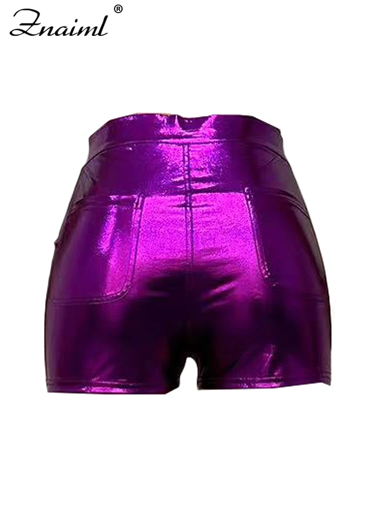 Znaiml Summer PU Leather Metallic Boycon Biker Short for Women Clothing Slim Cycling Pants Sexy Party Night Club y2k Outfits