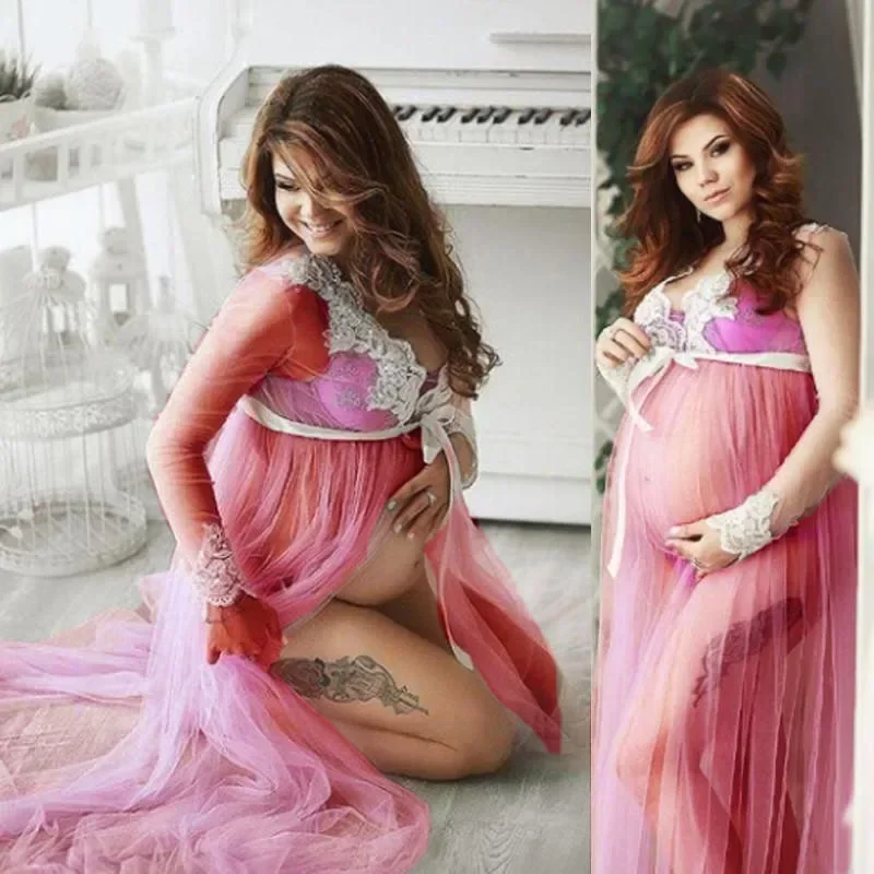 Vestidos de maternidad de manga larga para mujer, maxivestido Sexy de encaje para embarazada, vestido de embarazo para fotografía, Verano