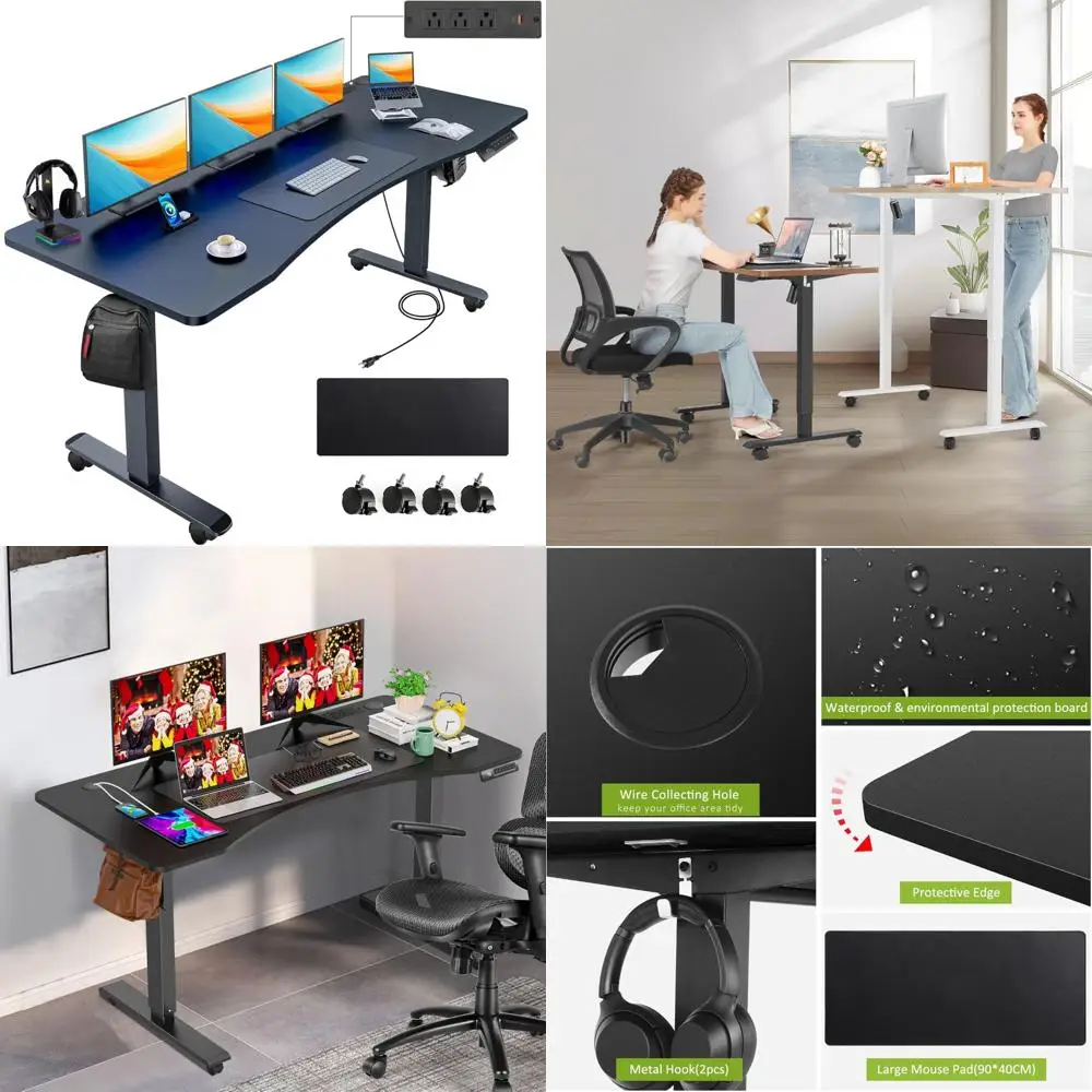 Adjustable Electric Standing Desk 63x24 Ergonomic Curved Desk with Outlet Lockable Feature for Enhanced Comfort