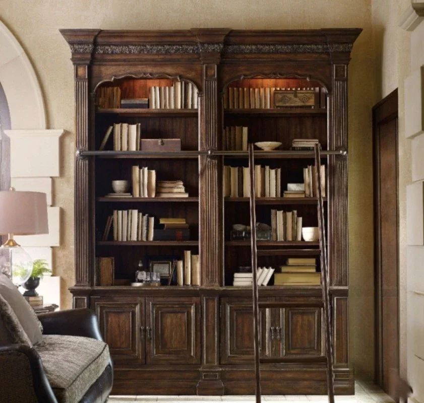 American light luxury combination bookcase with ladder solid wood oak bookcase French retro carved floor storage bookshelf