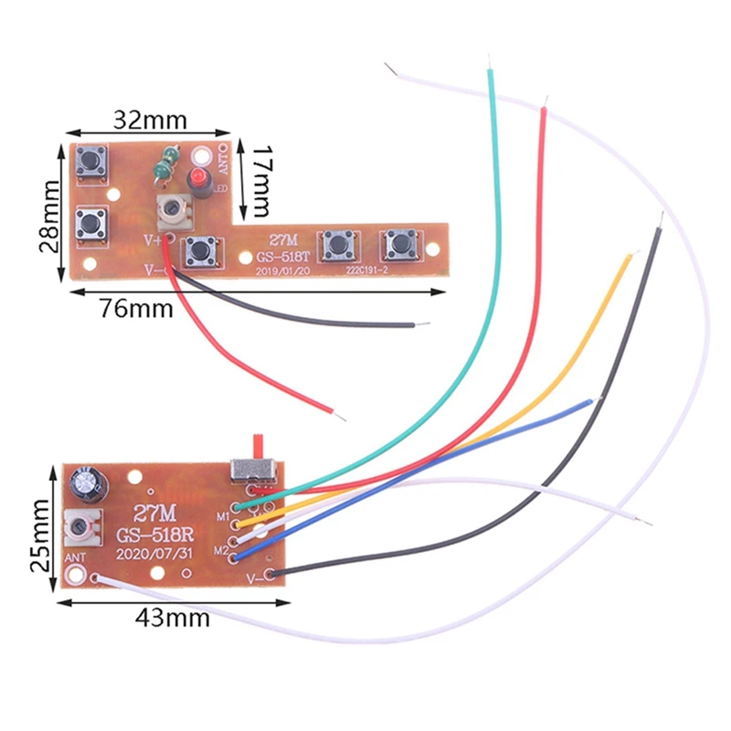 Carte émetteur et récepteur de circuit PCB pour voiture, télécommande RC, accessoires de système radio, 5 canaux, 27MHz, 20-25m, 2 pièces