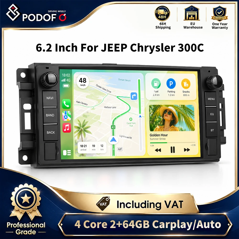 Podofo, lettore multimediale Android da 6,2 pollici per auto, compatibile con Jeep Grand Cherokee, Commander, Compass, Patriot, Chrysler 300, PT Cruiser, Dodge RAM Charger, dotato di GPS, WiFi,