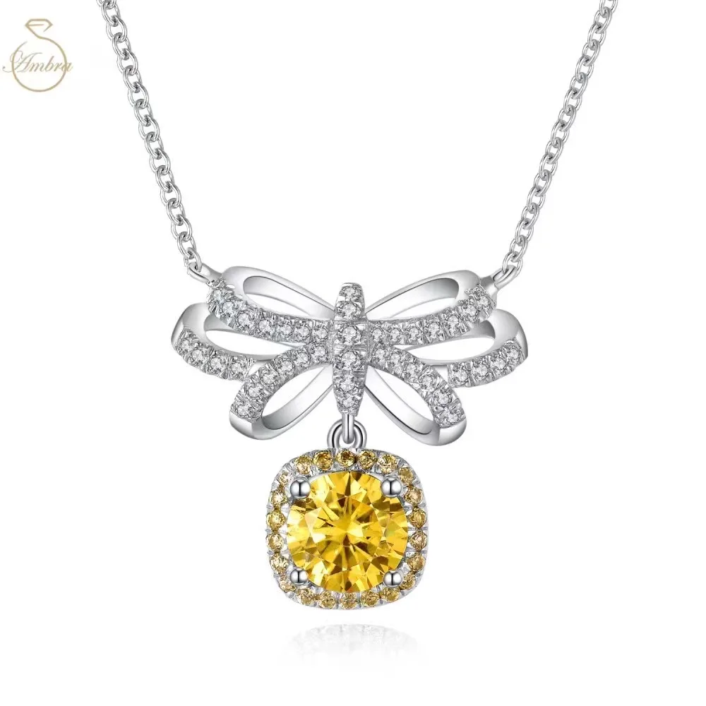 

Ambra Jewelry 1.0 Carat Moissanite Diamond Necklaces for Women in Sterling Silver Yellow Topaz Pendant A Gift for Girls