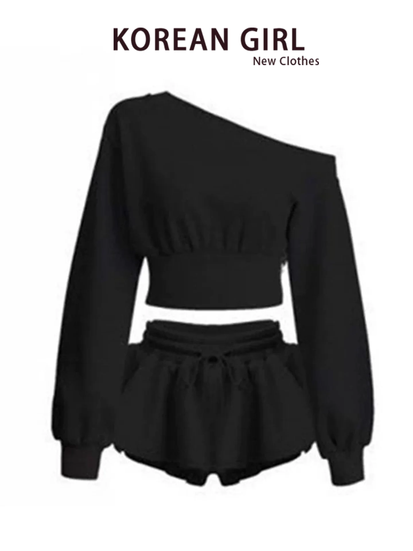Sexy Spicy Black Asymmetrical Shoulder Long Sleeve T-Shirt Top Women's Puffy Short Skirt Two-Piece Set Fall Pure Desire Body ...
