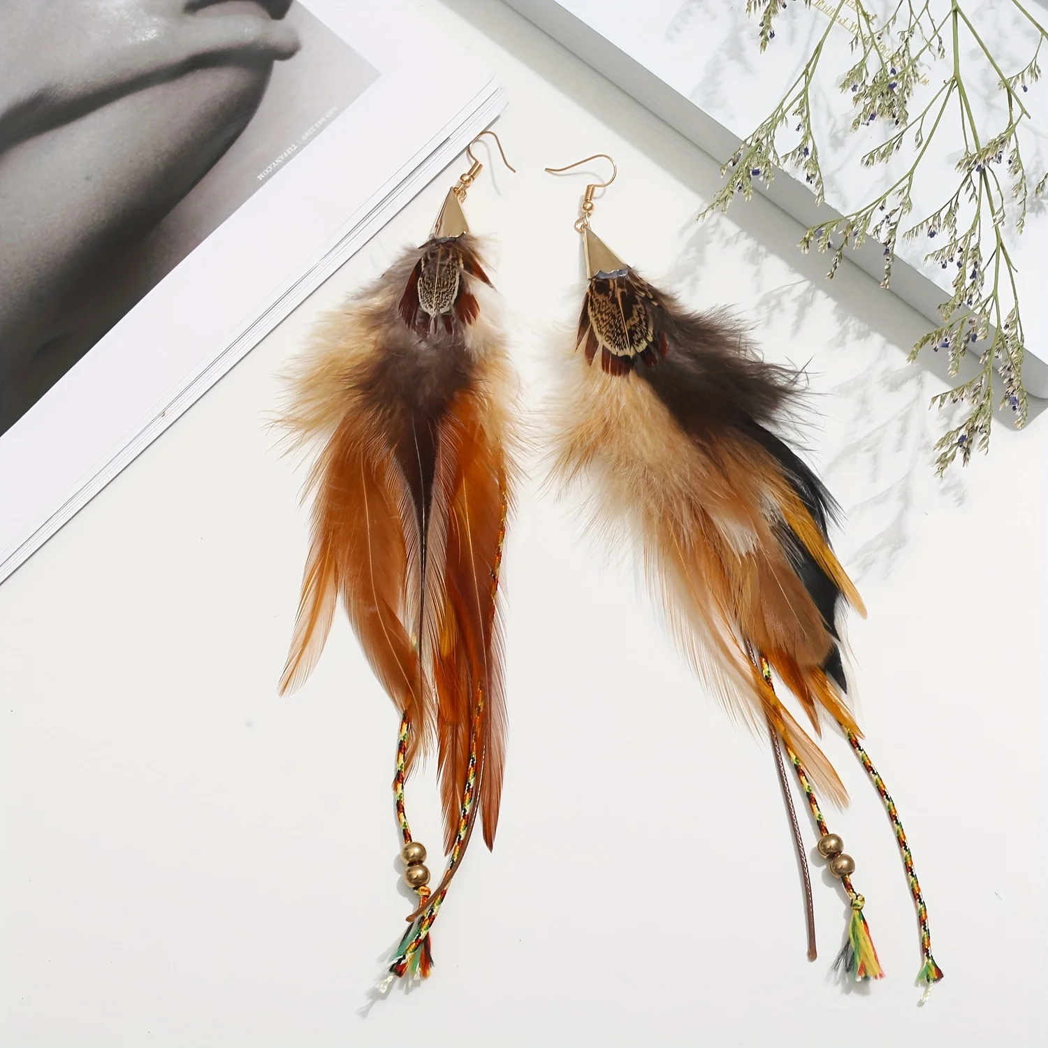 Natural Feather Earrings Bohemian Long for Women Handmade Feather Jewelry Tassel Dangle acrylic earrings Feather Earrings