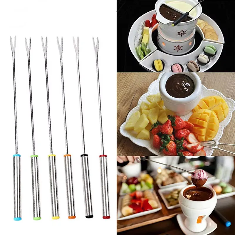 6pcs Stainless Steel Fondue Forks Color Handle Cheese Chocolate Fondue Skewer for Kitchen Party Cooking Tool