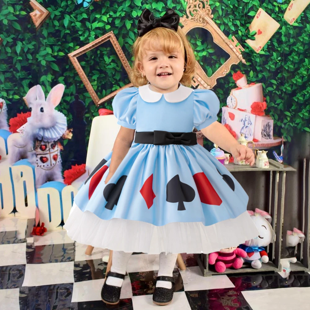 Girl Alice Maid Costume Lolita Wonderland Alice 1st Birthday Princess Dress Halloween Carnival Masquerade Blue Party Kids Clothe