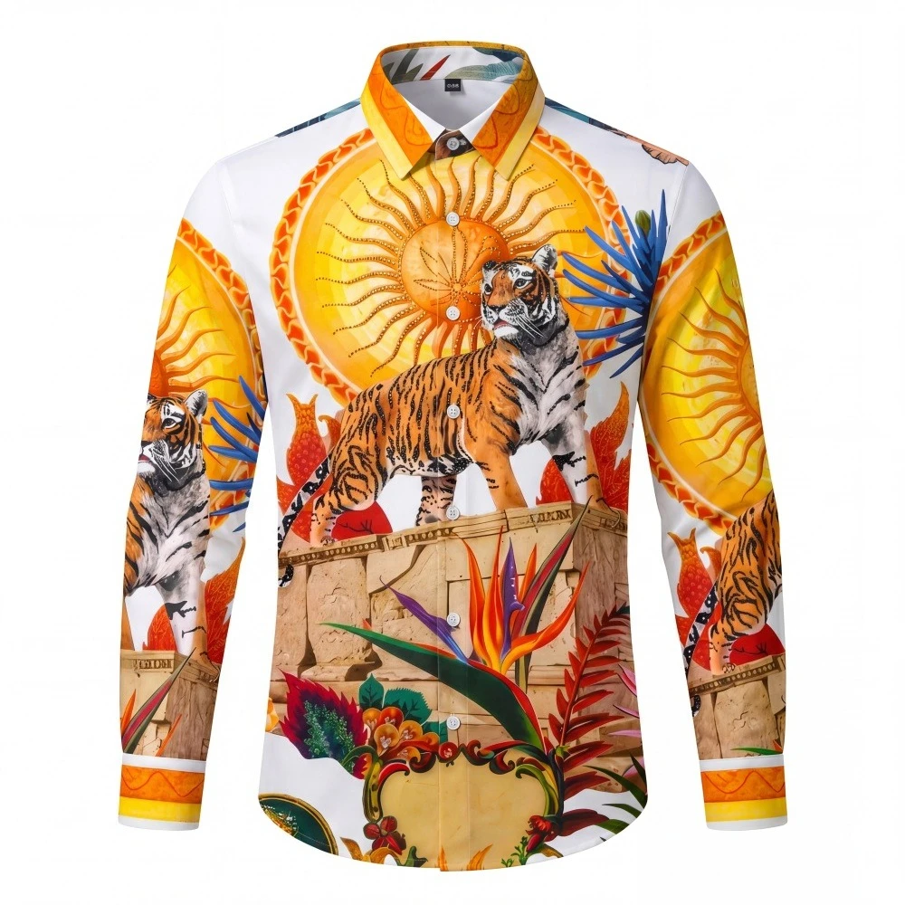 European American Luxury Rhinestone Shirt Men Tiger Print Long Sleeved Casual Shirt Business Social Banquet Party Formal Shirts