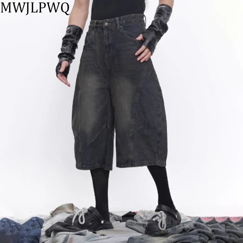 

MWJLPWQ American Retro Deconstruction Machete Male Jeans Summer Couple Loose Streetwear Silhouette Denim Wide Leg Shorts 010837