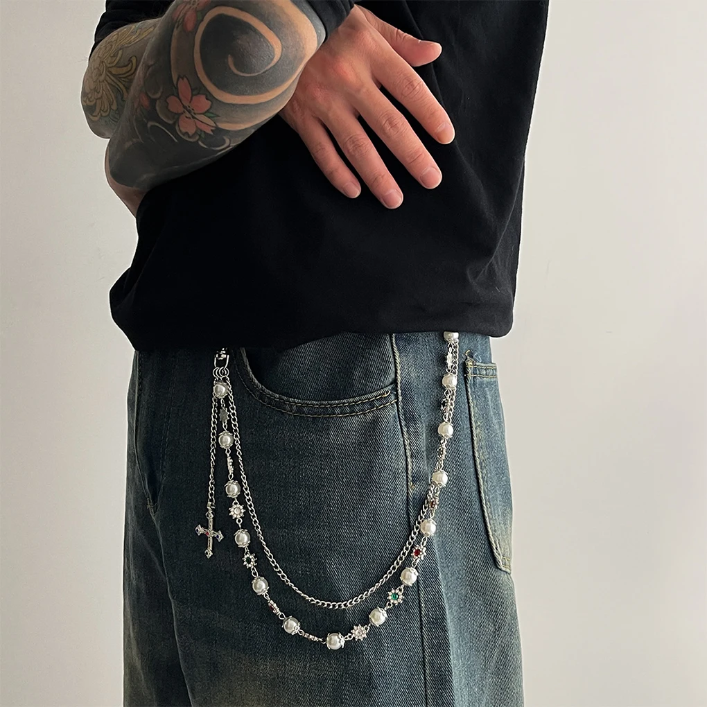 Punk Colorful Zircon Cross Pendant Pants Chain for Women Men Gothic Multi Layer Imitation Pearl Chain Waist Chain Jeans Jewelry view 3