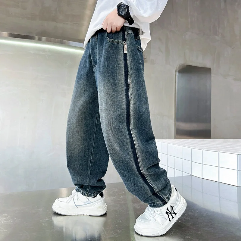 Boys Jeans Dark Blue Teenage  Spring Autumn Loose Straight Pants Fashion Trousers Soft Casual Denim for Kids Boy Clothing