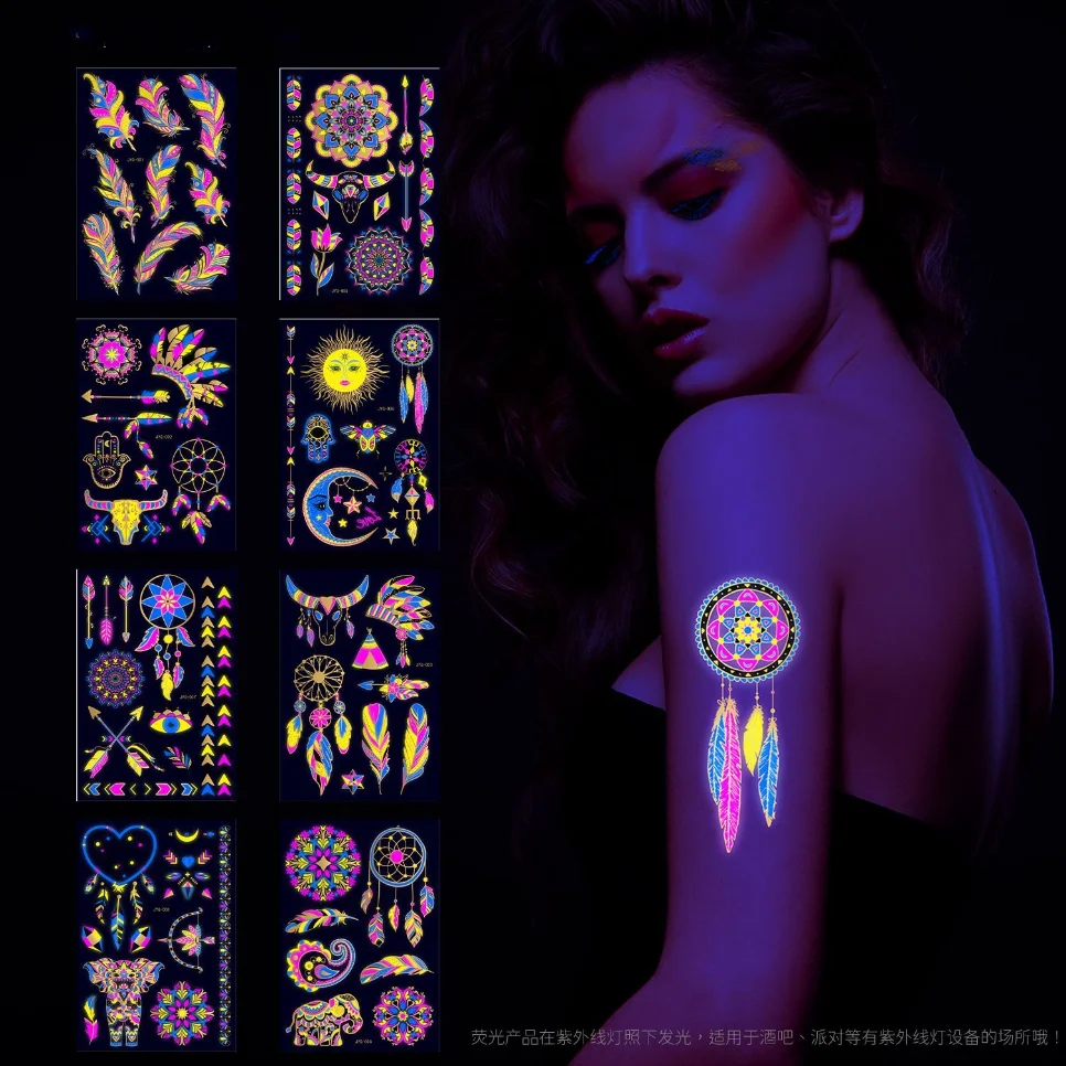 Creative Fluorescent Flower Arm Temporary Tattoos Face Sticker Fake Tattoo for Woman Waterproof Feather Body Tattoo Stickers Art