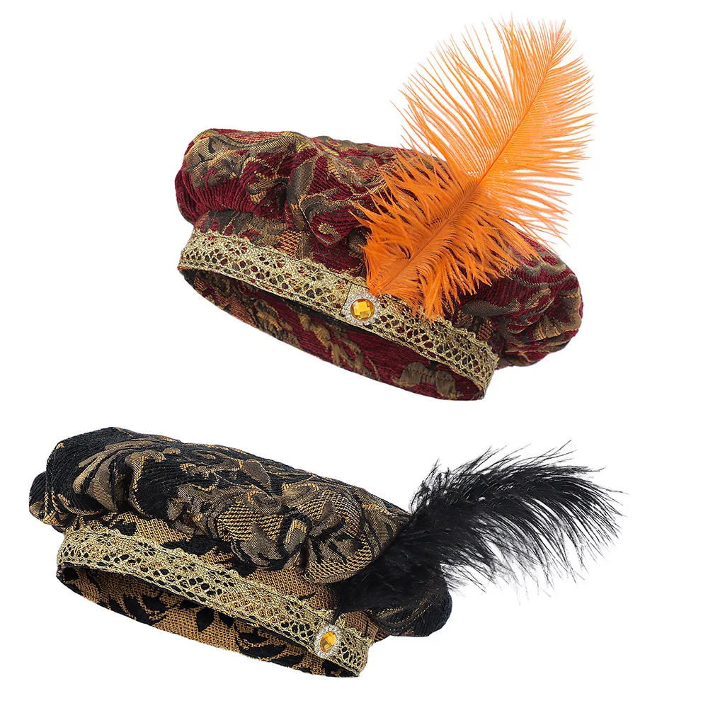 หมวกดับเบิลเล็ตยุคกลางสำหรับผู้ชาย พร้อมขนนก หมวกทรงมัฟฟินระดับไฮเอนด์ สำหรับการแสดงคอสเพลย์และเครื่องแต่งกาย