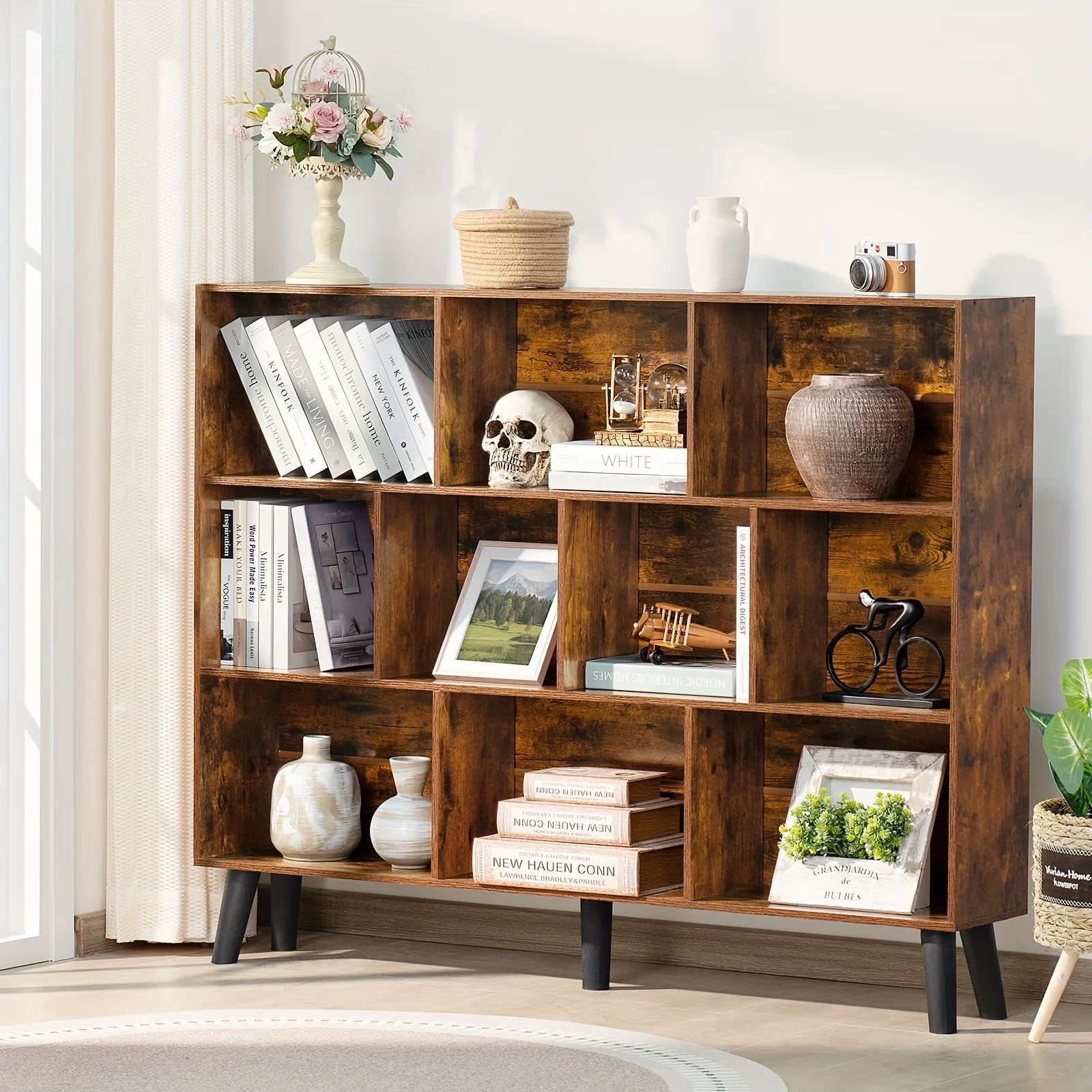 10 Cube Bookshelf, 3 Tier Modern Wide Bookcase With Legs, Mid-Century Wood Bookshelves Storage, Brown Large Book Case