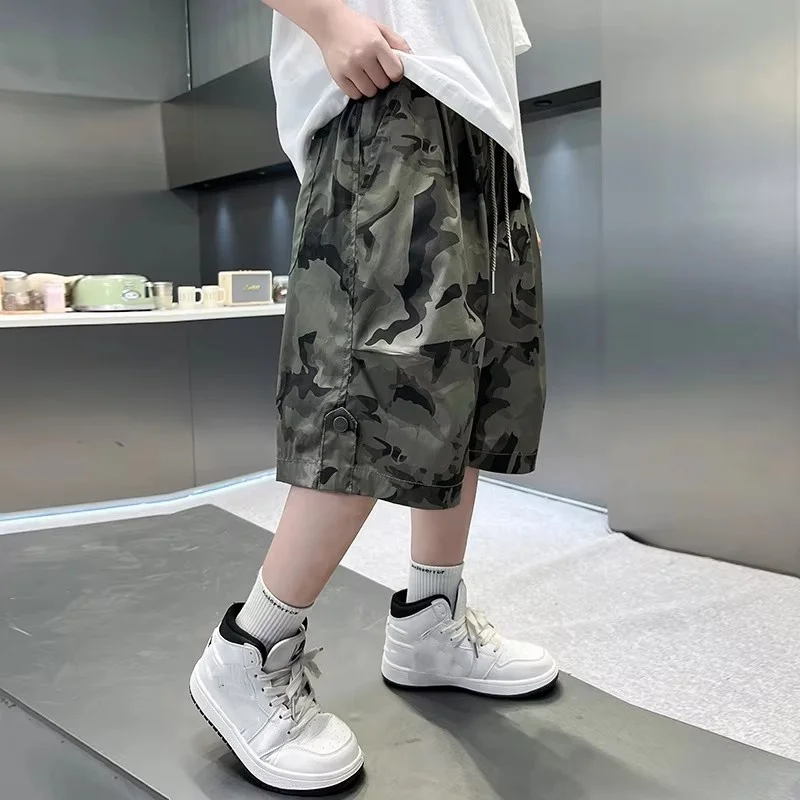 Teenager Boy Summer Military Camouflage Cargo Shorts Loose Casual Knee-Length Drawstring Outdoor Short Pants for Kids