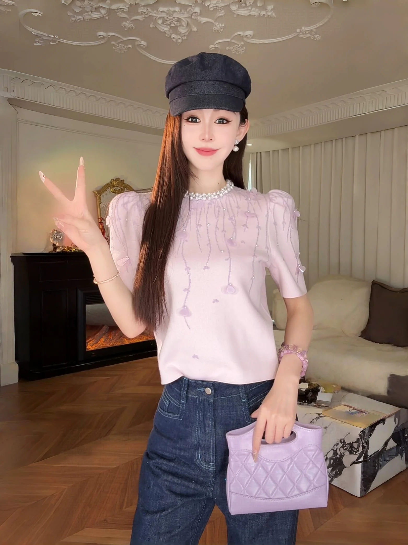 

Женский свитер Camere round Ne Sweater Gold Emed Heavy Weave Pearl Flower Fraant Dr Meteor Rain