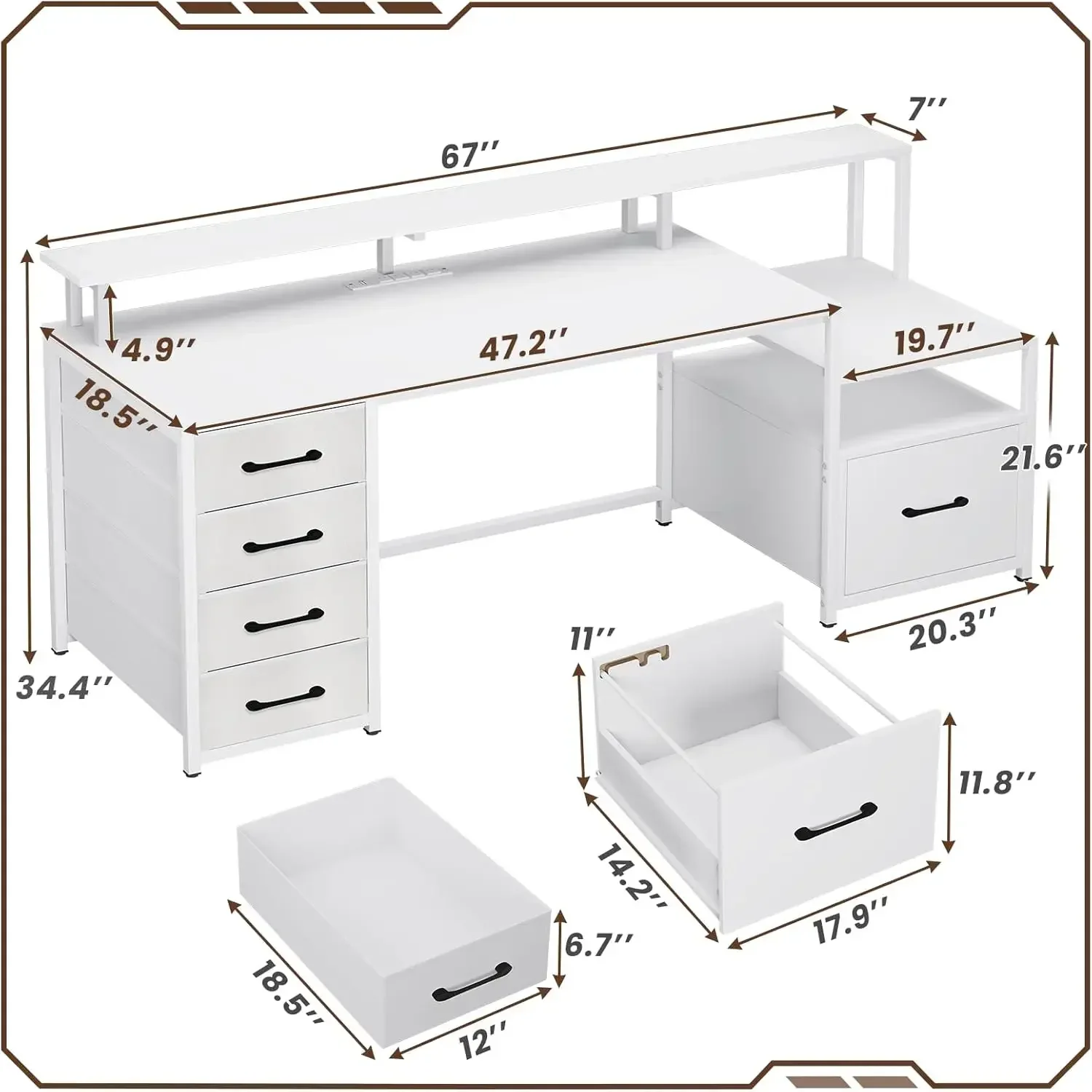 White Computer Desk with 5 Drawer & Power Outlet, 66'' Home Office Desk with File Drawer, Storage Shelves, Gaming Desk