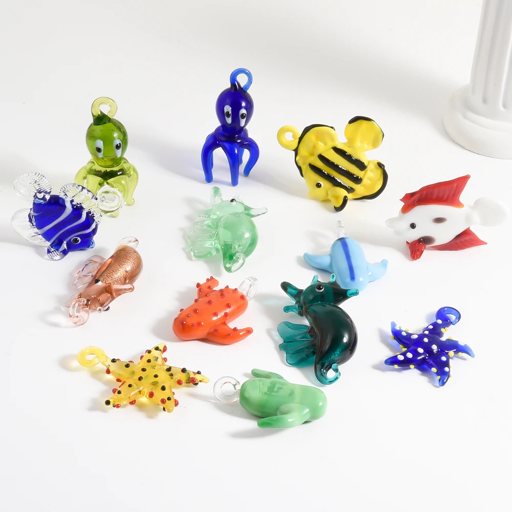 8pcs/lot 3D Octopus Tropical Fish Seahorse Sea Star Cactus Glass Pendant Creative Jewelry Diy Women Necklace Earring Accessories