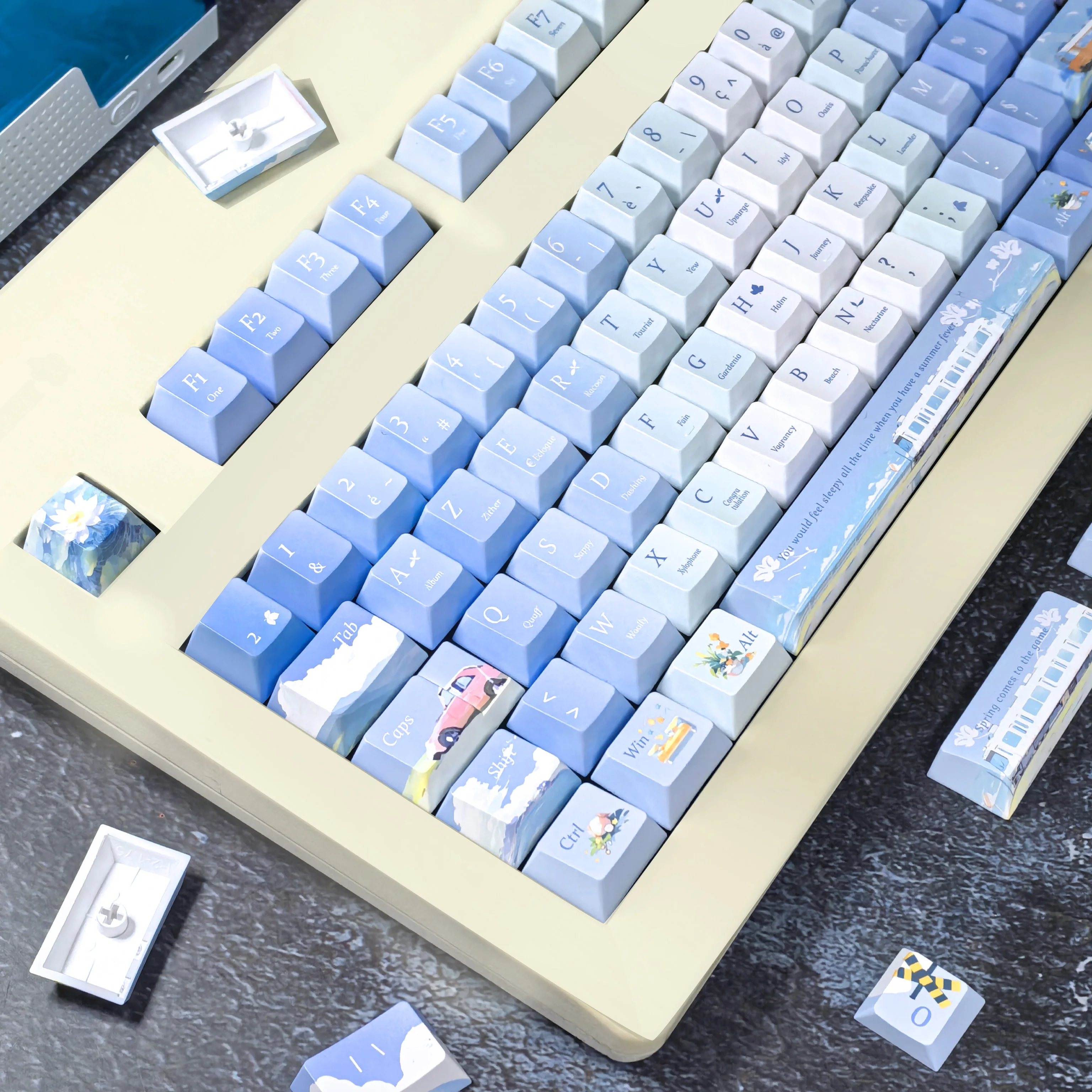 Teclas francesas Iso Azerty, cereza azul Pbt 2,25/2,75U, barra espacial, diseño Alice, teclas que persian el tema fresco del verano