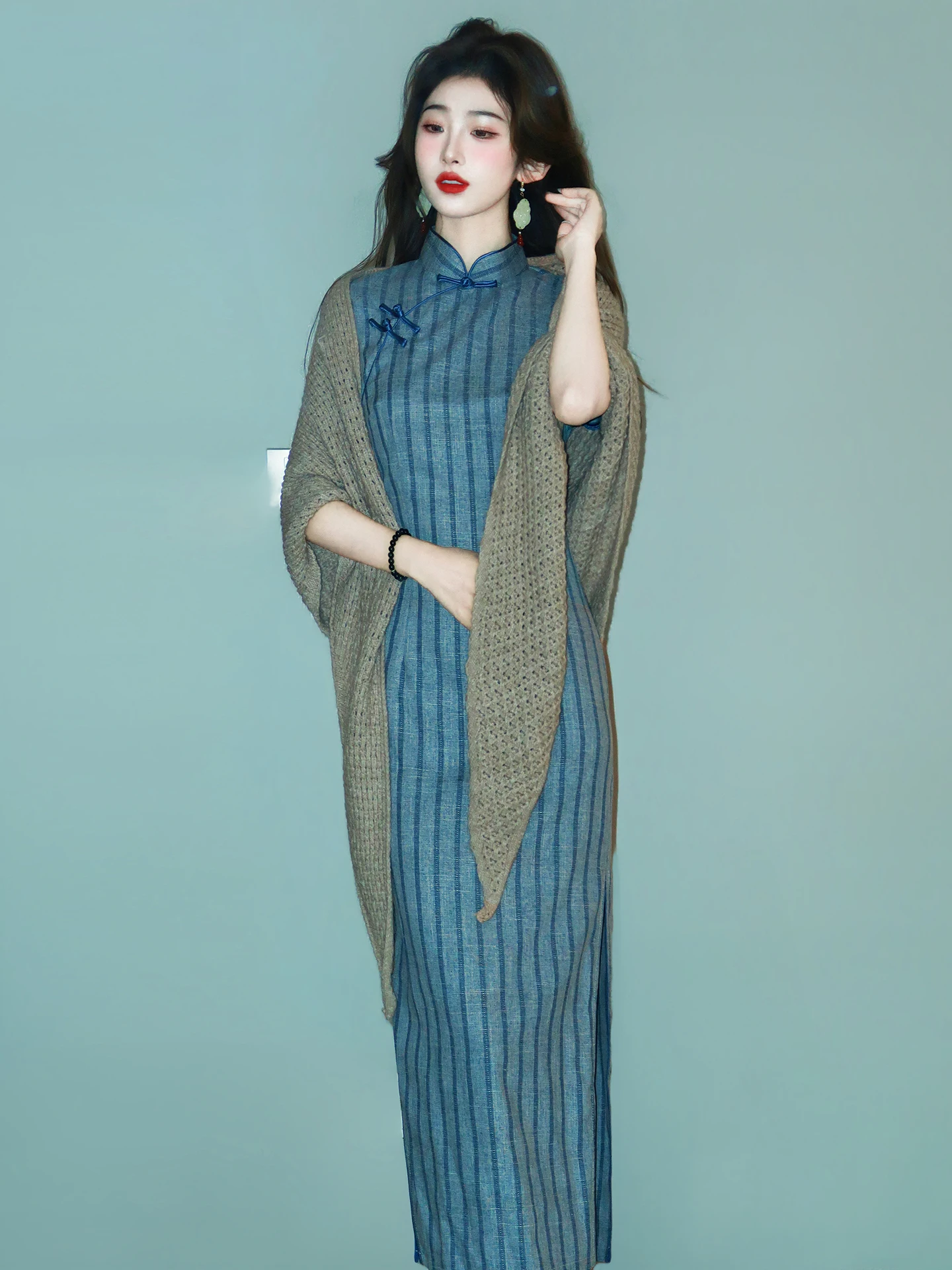 

Ele Blue Striped Long Qipao Dr ort Sve Women's New Chinese Sle 2026 Improved Younger Design Summer Dr