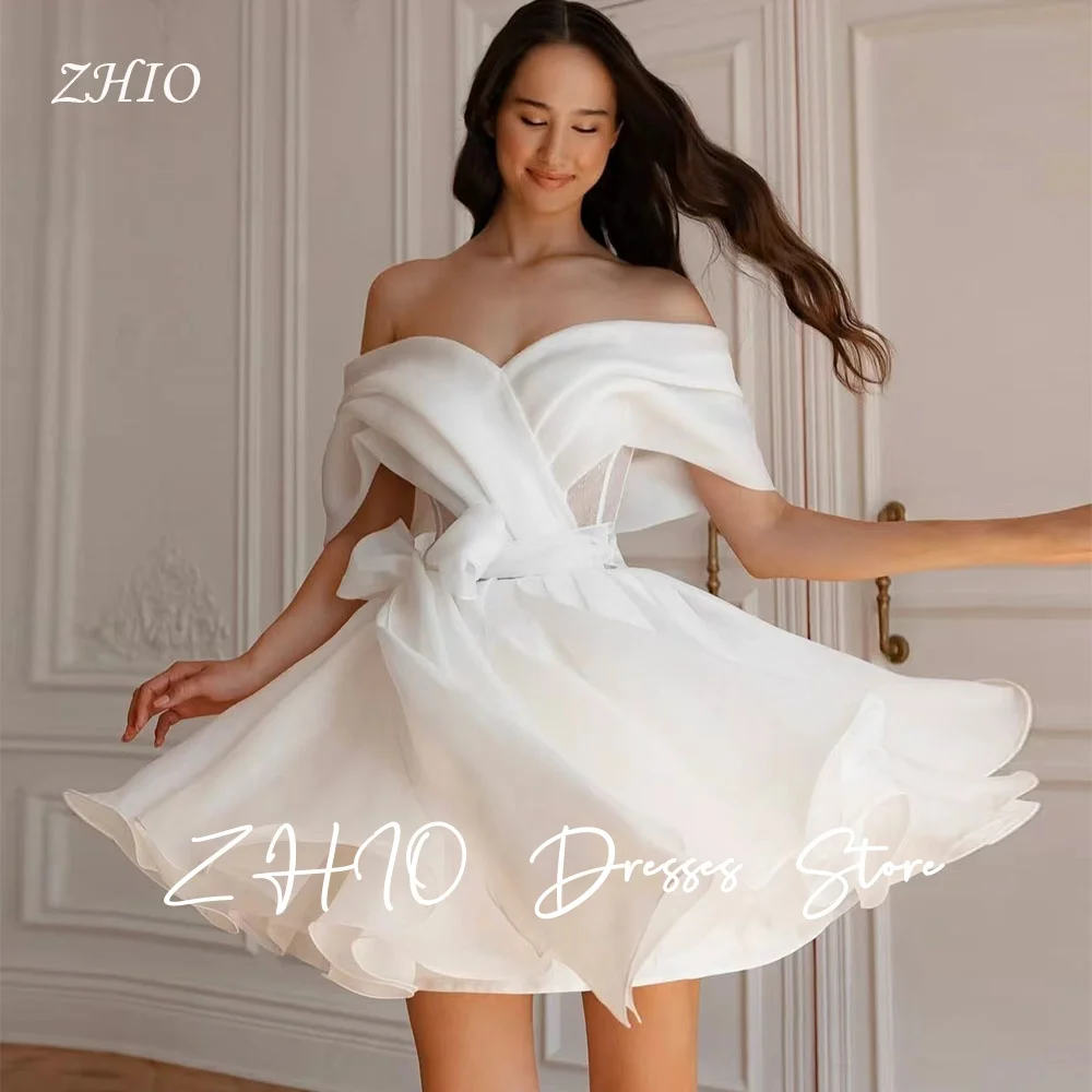 ZHIO 우아한 오프 숄더 아이보리 웨딩 파티 드레스 플리츠 A라인 오간자 리본 특별 행사 프롬 가운 맞춤 제작