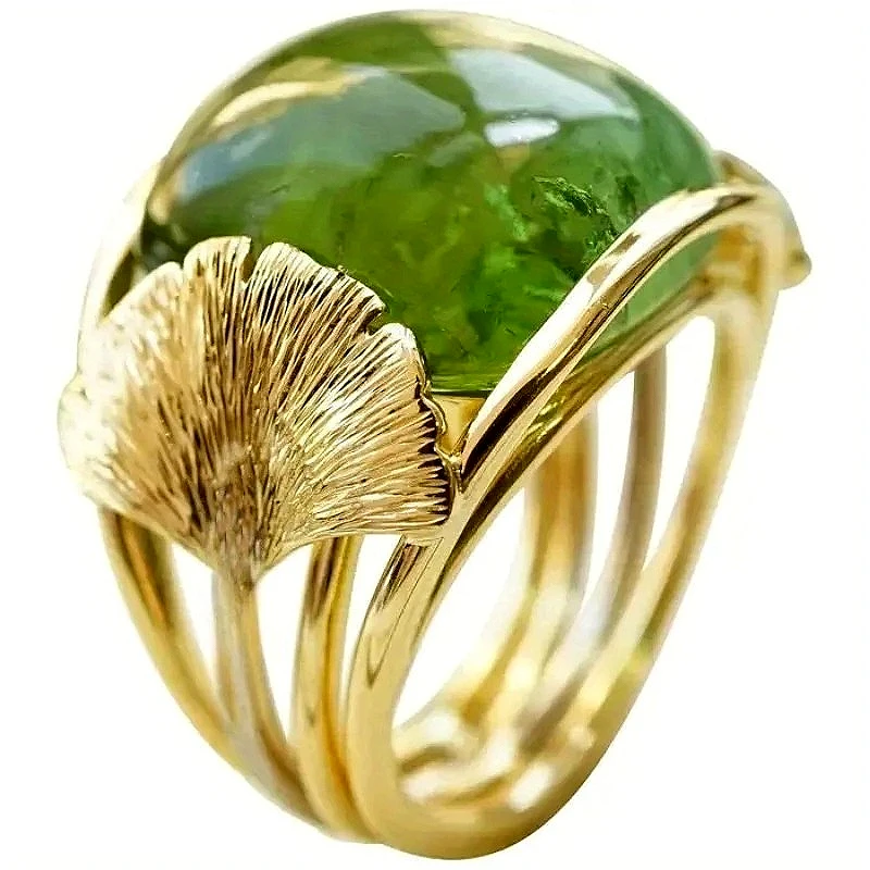 Anillo Elegante y Exquisito con Hoja de Ginkgo Tallada a Mano e Incrustaciones de Ágata Verde Sintética, Joyería Vintage para Mujer, Accesorios para Banquetes y Festivales