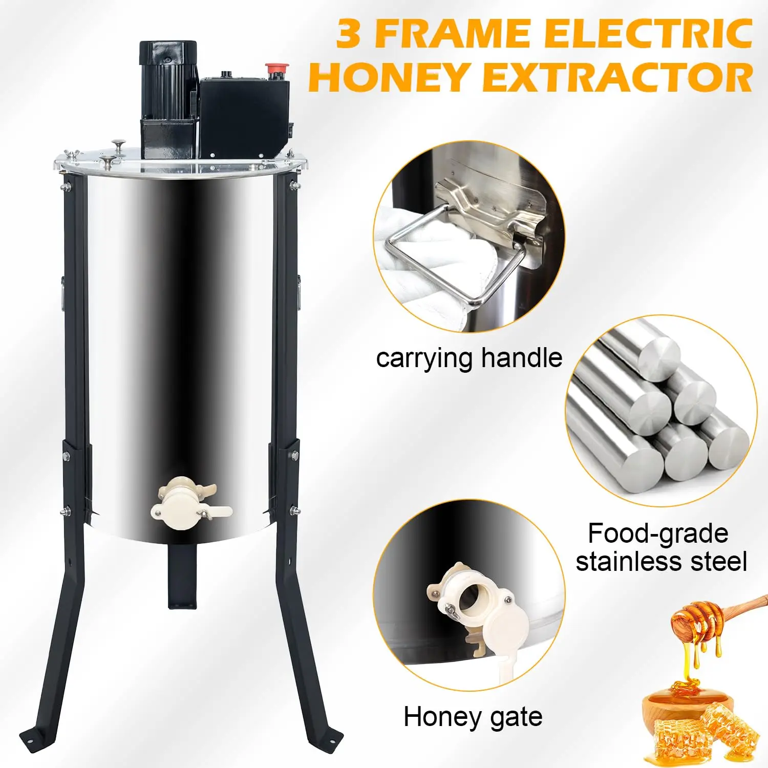 3 Frame Electric Honey Extractor Food Grade Stainless Steel Honeycomb Drum Spinner with Transparent Lid, Beekeeping Equipment