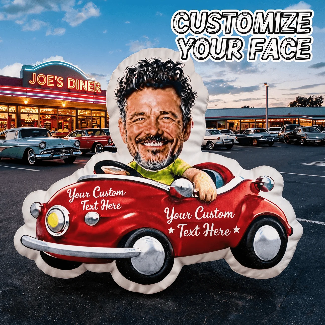 Custom Photo Face in Red Car Shaped Pillow, Personalized Funny Driving Decorative Cushion, Unique Home Decor Accent for Sofa & B