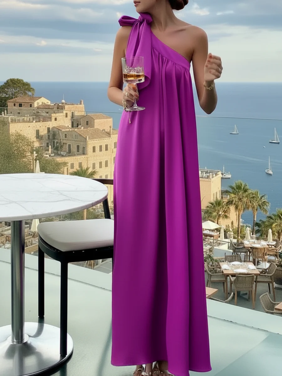

Однотонное фиолетовое макси-платье на одно плечо с бантом на шее, летнее элегантное вечернее платье