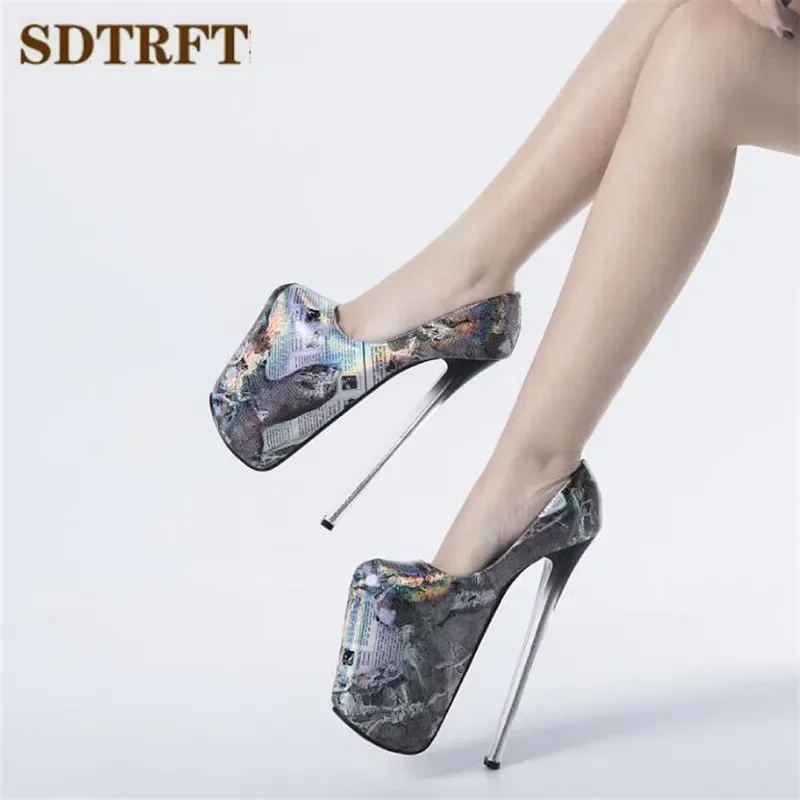 

SDTRFT Sexy Platforms Stiletto 22cm Thin Heels Party Disco Dance Round Toe Pumps Shallow Mouth Patent Leather Women's Shoes