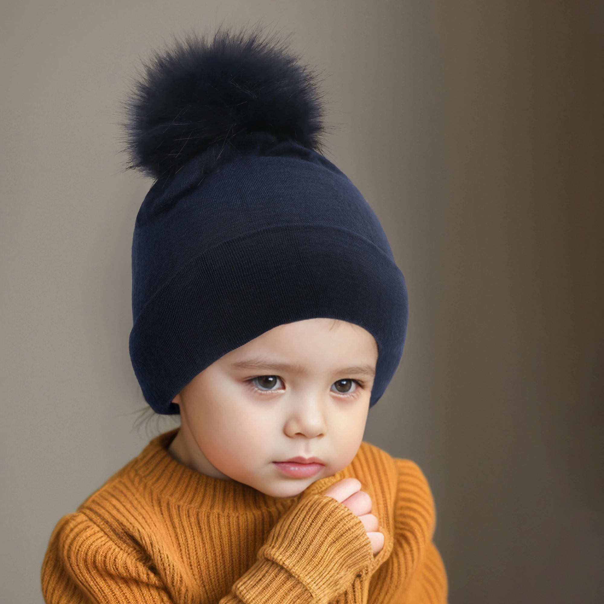 Baby Hat 0-6 Months Autumn and Winter Cute Big Wool Ball No Trace Ear Protector Head Cap Newborn Fetal Cap