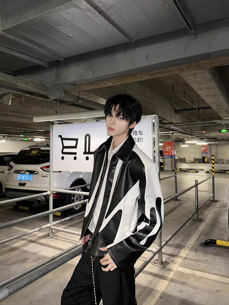 

Mauroicardi Spring Autumn Cool White and Black Patchwork Color Block Pu Leather Jacket Men Shoulder Pads Luxury Designer Clothes