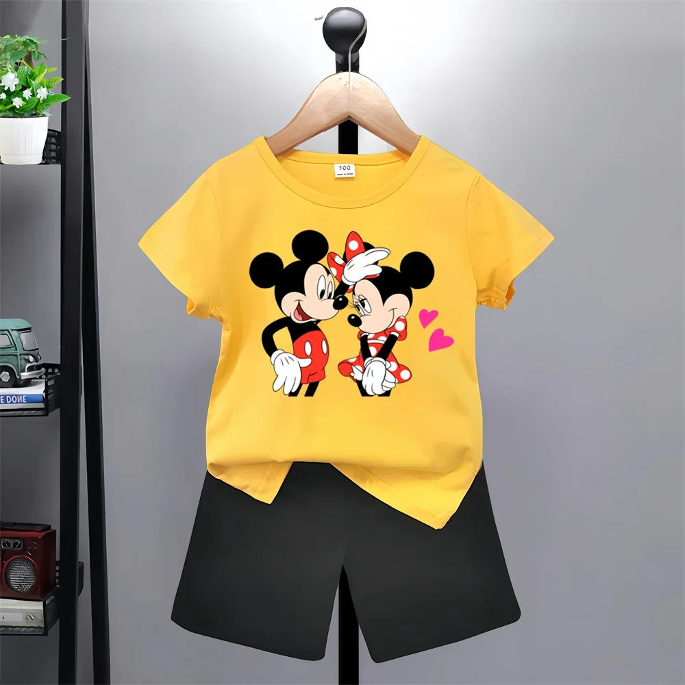 New Disney Mickey Mouse Short Sleeve Shorts Set Boys Girls Kids Sweatshirt cartoon top casual promotional clothing 100-160