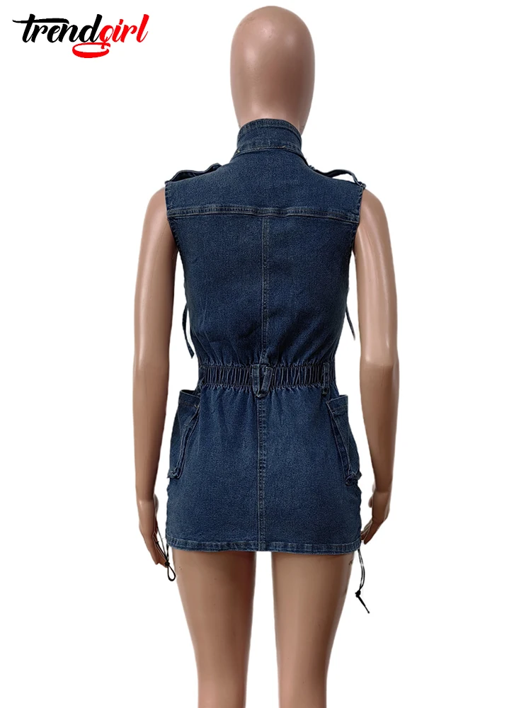 Trendgirl Vintage Women‘s Fashion Stand Collar Sleeveless Elastic Waist Zipper Denim Dress Casual Streetwear Female Slim Vestido