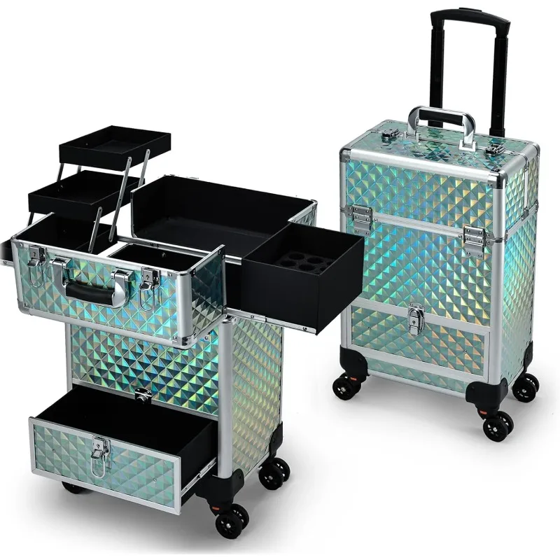 Rolling Makeup Case with Drawer Travel Trolley Cosmetology Case on Wheel Makeup Storage Salon Barber Case Traveling Cart Trunk