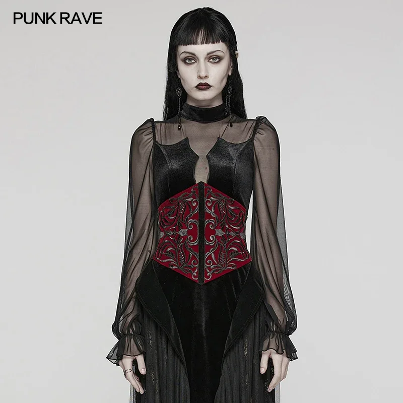 PUNK RAVE Women\'s Gothic Velveteen Embroidery Totem Retro Corset Adjustment Velvet Ribbon Drawstring Accessories Belt 2 Colors