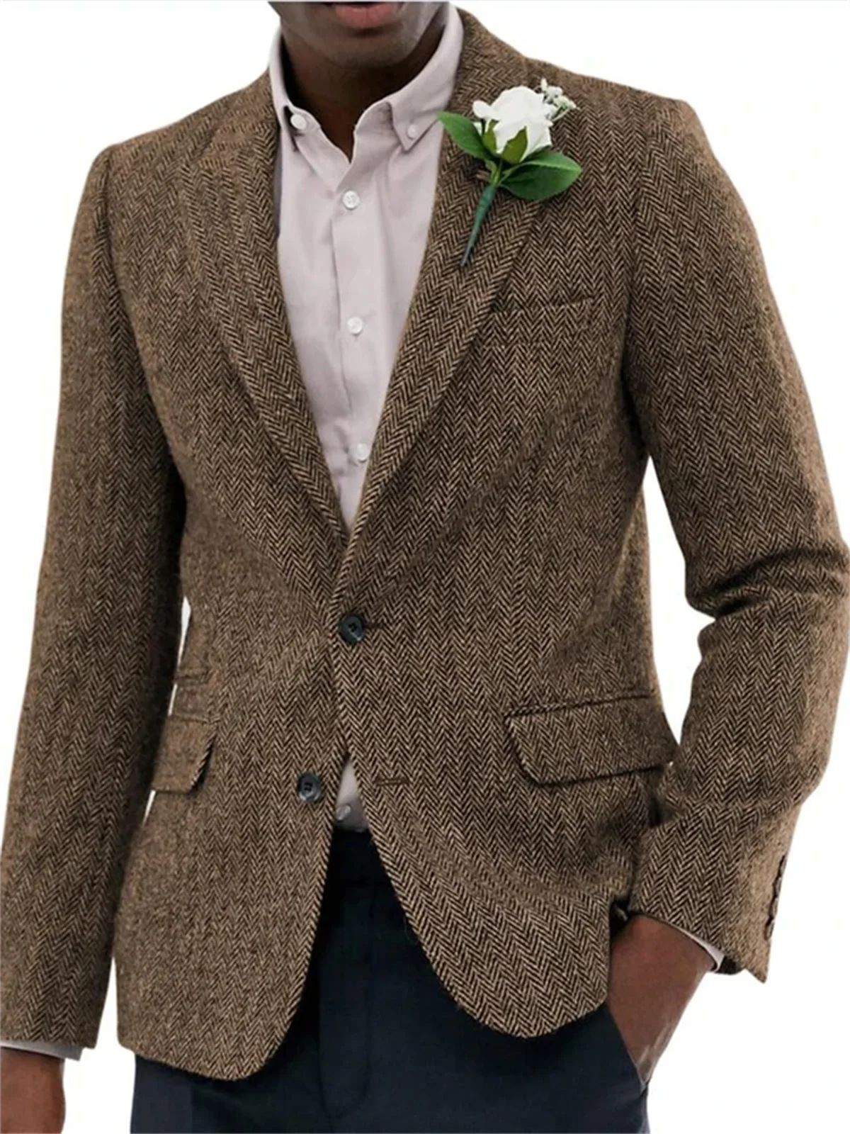 1 Piece Classic Brown Herringbone Business Men Suits Jacket Groom Wedding Casual Slim Fit Party Costume Homme Blazer