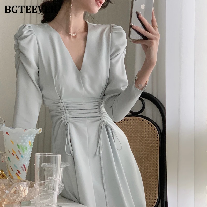 Bgteever primavera com decote em v fino rendas feminino a linha vestido elegante manga longa ruch cintura feminino vestido de comprimento médio