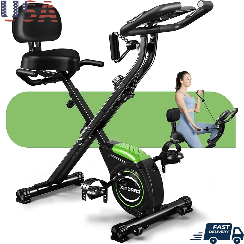 

4 in 1 Folding Exercise Bike Magnetic Resistance Indoor Cycling with LCD Monitor Arm Resistance Bands Home Workout Portable