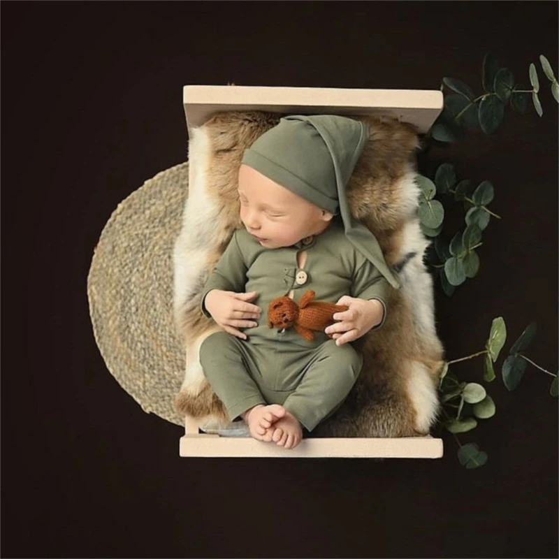 Photography Props Suit for Baby Girls 0-2M Photo Costume Jumpsuit Beanie Cap Newborn Milestones Photo Posing Blanket A2UB