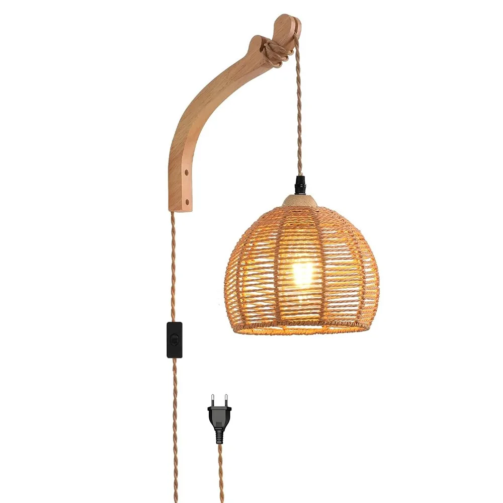 Farmhouse Boho Plug-In Rattan Wall Lights, Handcrafted E27 Wall Sconce with Cord, On/Off Switch for Bedroom Home Decor