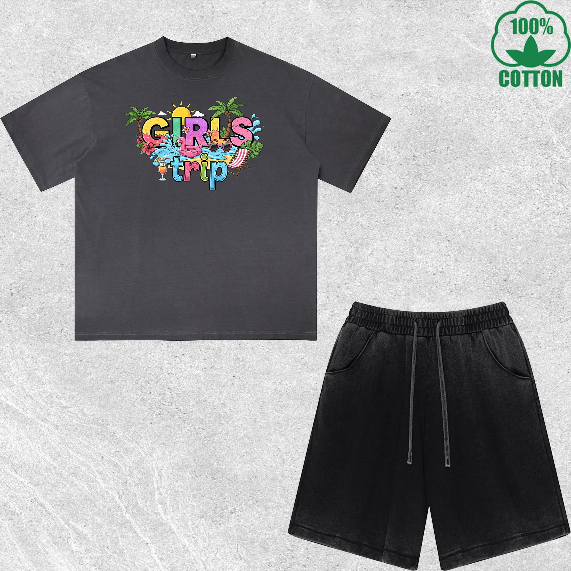 

Summer Girls Trip Printed Dirty Wash T-Shirt Shorts Set Multicolor Combo Loose Trendy Fashionable 100%Cotton