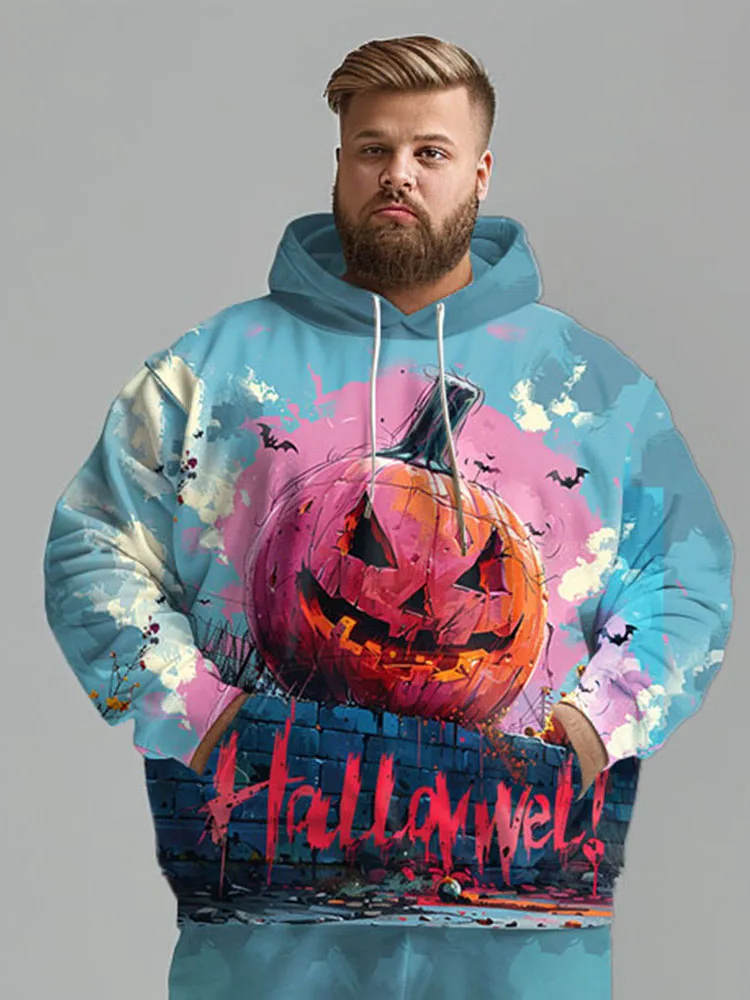 Biggmans Casual Pocket Hoodies Print Two Piece Set Men Halloween Club Party Oversize Outfits Plus Size Male Pumpkin 2024 Suit