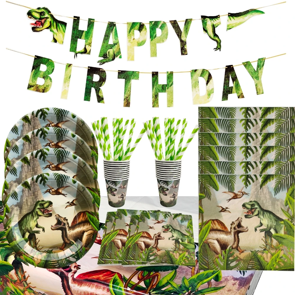 Vajilla desechable con temática de dinosaurio, plato de papel, taza, decoraciones para fiesta de cumpleaños, Safari, jungla, suministros para Baby Shower